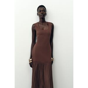 ZARA Combination Knit Midi Dress Brown Size S | Sleeveless Textured Hem NWT